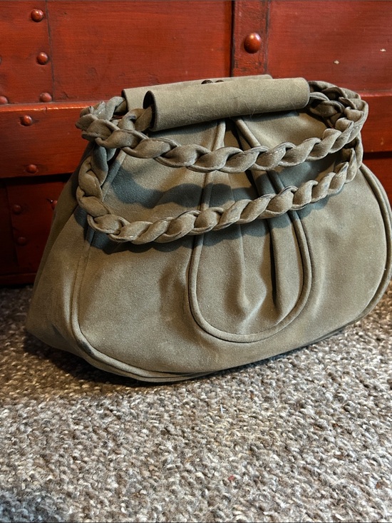 Vintage Handbags - Vintage Olive Suede Mini wristlet Bag with Braided Strap